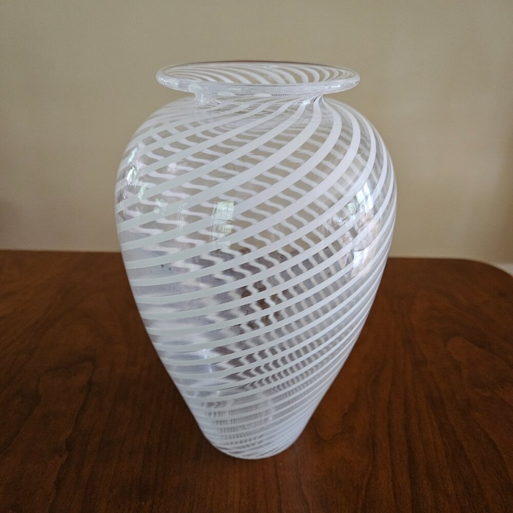 Bacchus Glass Studio Handmade Glass Vase with White Swirl Design